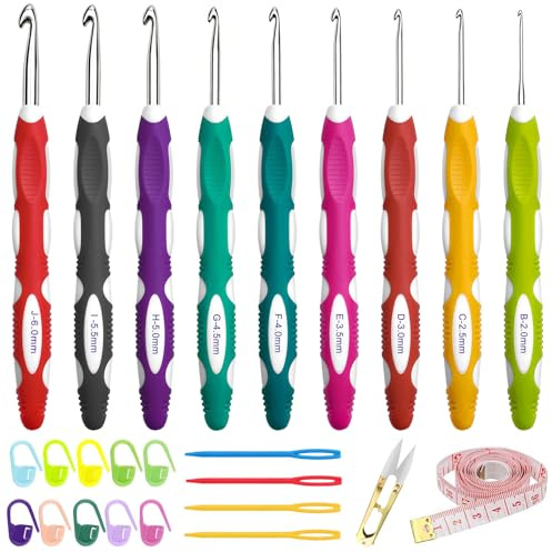 GZLFH Häkelnadel Set, Bunte Häkeln Stricken Nadeln Kit 9 Stk | Ergonomische 2-6 mm Häkeln mit Häkelzubehör für Anfänger, Schwitzige Erwachsene