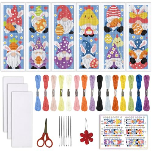 ORIGACH 6 Stück Ostern Kreuzstich Lesezeichen Set für Anfänger | 11CT Kreuzstich Set mit Anleitung Vorgedruckt, Vorgedruckt Sticken Lesezeichen-Set für Erwachsene Buch-Liebhaber