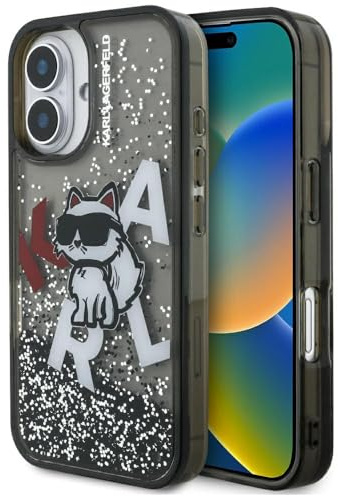 CG MOBILE Karl Lagerfeld Liquid Glitter Choupette Logo Hülle für iPhone 16 (Schwarz)