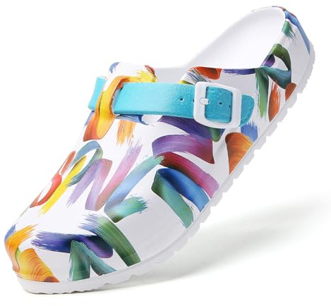 SECHRITE Zuecos de trabajo para mujer, con soporte de arco, antideslizantes, antideslizantes, para jardín, enfermera, chef, cocina, zapatos acolchados estampados, Brocha de color blanco, 39 EU