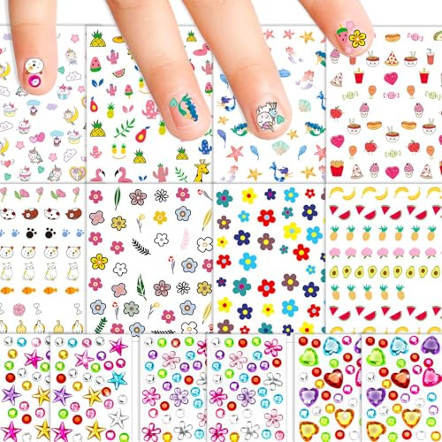 Nymora Kids Nail Stickers for Nail Art, 8 Sheets Children's Nail Stickers + 6 Sheets Rhinestone Gem Stickers for Kids Crafts, Unicorn Flower Animal Designs for Birthdays Parties