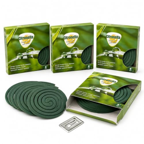 Spirali Profumate alla Citronella – 32 Spirali, 4 Confezioni da 8 con 4 Supporti in Metallo – Durata 8-10 Ore – Profumatore per Balcone, Terrazzo, Giardino e Campeggio