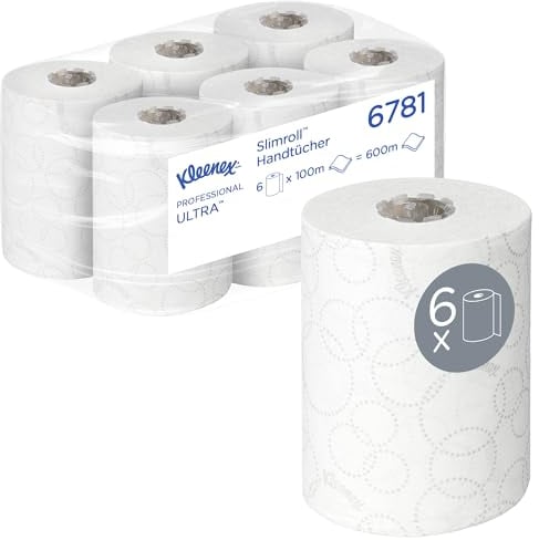Kleenex Ultra Essuie-Mains Roulés Slimroll 6781, 2 Épaisseurs, Papier Blanc Doux et Résistant, Haute Absorption, Certifié FSC et Écolabel Européen, 6 Rouleaux x 100 m (600 m au Total)
