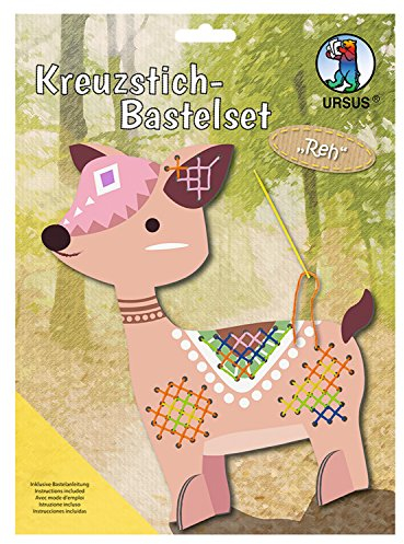 Ursus 21420006F - Kreuzstich Bastelset, Reh,Tiermotiv Aufsteller ca. 21 x 18 cm, Garn in 5 verschiendenen Farben, je 8 m lang, inklusive Bastelanleitung, für Jungen und Mädchen
