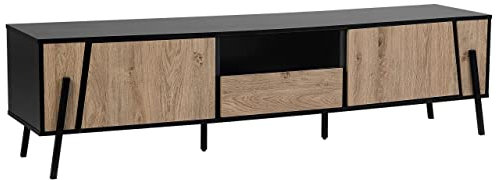 Beliani TV Stand Dark Brown Front Black Top Metal Legs Storage Cabinets Drawer Blackpool