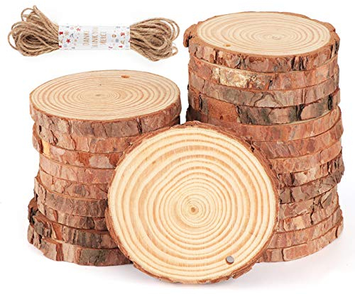 ilauke Holzscheiben - 30 Stücke Holz Log Scheiben 8-9cm mit Loch und 10 mt Jute Seil Naturholzscheiben Holz Deko für DIY Handwerk und Hochzeit Mittelstücke Weihnachten Dekoration Baumscheibe