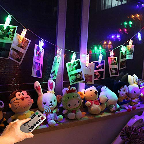 Sunboia – Guirlande lumineuse 2 en 1 USB ou à piles avec clip pour photo, 40 LED + 40 clips + 8 modes + télécommande + minuterie, pour chambre, décoration de mariage, multicolore