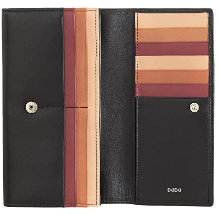DUDU Brieftasche RFID Damen Leder Farbiges Design Lang mit Münzfach mit Reißverschluss 18 Kreditkartenfächer und Knopfverschluss Schwarz