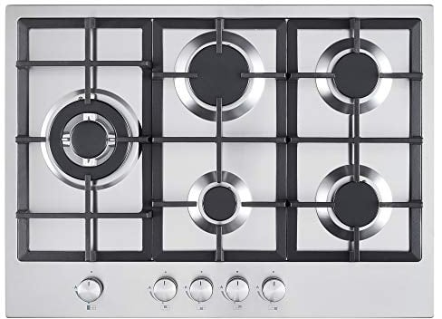 Cookology GH700SS 70cm Cooktop Burner Gas Hob in Stainless Steel - 5 Cooking Zones - Cast Iron Pan Supports - Wok Burner - Automatic Ignition Dials