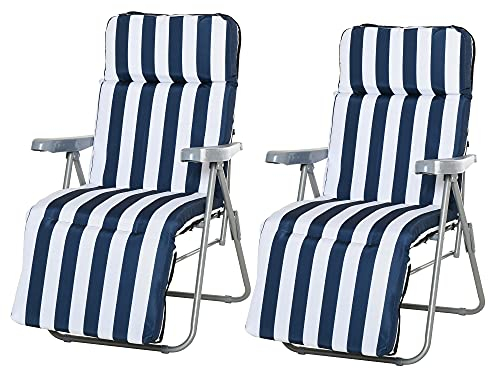 Outsunny 2 Tumbonas Plegables de Jardín Sillas de Gravedad Cero de Acero con Cojín Acolchado Respaldo Ajustable en 5 Posiciones y Reposapiés 60x75x50-102 cm Rayas Azul