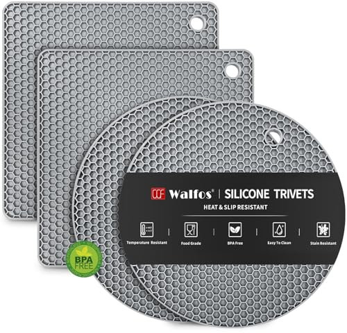 Walfos Untersetzer aus Silikon – 4 hitzebeständige Topflappen, Mehrzweck-rutschfeste Heißpads für Küchentopflappen, Löffelhalter, lebensmittelechtes Silikon und BPA-frei (nordisches Grau)