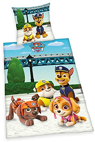 Herding Paw Patrol Bettwäsche-Set, Kopfkissenbezug 80 x 80 cm, Bettbezug 135 x 200 cm, Mit praktischer Knopfleiste, 100% Baumwolle/Linon