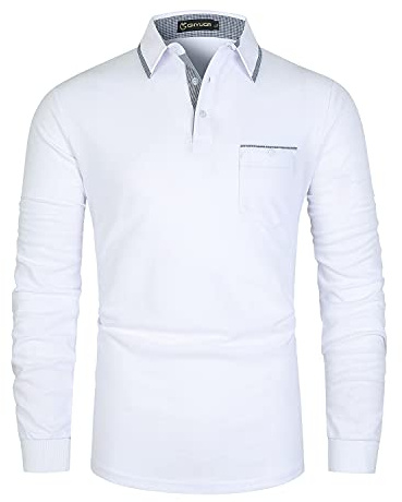 GHYUGR Mens Long Sleeve Polos with Classic Plaid Splice Golf Polo Shirts