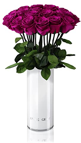 EG EMMIE GRAY Classic Vase Set | Long Stem Infinity Rosen inklusive weißer Glasvase - Luxuriöser Rosenstrauß aus echten Premiumrosen, die 1-3 Jahre halten, haltbare Rosen, (Velvet Plum, 15 Rosen)