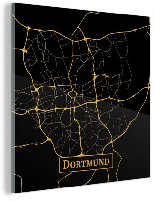MuchoWow Glasbild Glasfoto Wandbild Bilder Deko 20x20 cm Karte - Dortmund - Gold - Schwarz