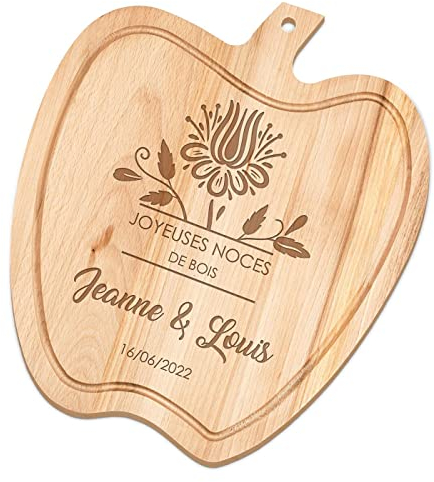 Maverton Planche à découper personnalisée en forme de pomme - 32 x 28 cm Planche en bois pour couples - Plateau gravé pour mariage - Pour chefs et amateurs de cuisine - Cadeau Noel - Joyeuses noces