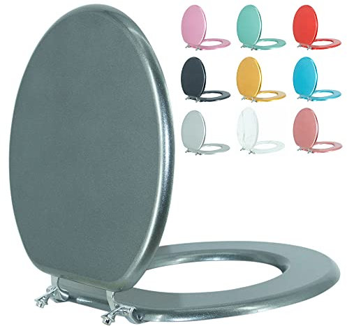 BLOFDE Round Toilet Seat Wood Toilet Seat Prevent Shifting with Zinc Alloy Hinges American Standard Size Toilet Seat Easy to Install also Easy to Clean(Round,Sparkling GentlemanGrey)