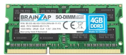 BRAINZAP 4GB DDR3 1333MHz PC3-10600S-09-11-F3 SO-DIMM CL9 2Rx8 1.5V Unbuffered Non-ECC RAM Arbeitsspeicher für Notebook Laptop Speichermodul Memory