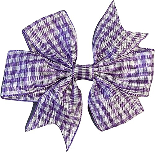 BeFabulous 2 x 'Flat Fan' Bow Hair Bobbles | Gingham Ribbon (Lilac and White) - School Hair Elastic