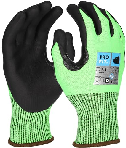 PRO FIT 868 Nitril Schnittschutzhandschuh – Arbeitshandschuhe mit HPPE Glasfaser, Schnittfester Handschuh, Level D - 12 Paar, Neongrün/Schwarz, Gr. 7