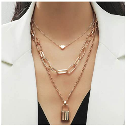 Allereya Goldene Halskette mit Vorhängeschloss-Anhänger, Liebesherz, Choker-Halskette, Punk-Halskette mit Schloss, klobige Kette, Schmuck für Frauen und Mädchen