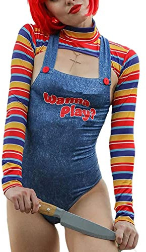 2-teiliges Halloween-Kostüm, gruseliger Albtraum-Killerpuppe, Wanna Play, Filmfigurenkleid, Chucky-Puppe, Kostüm-Set, Kurzer Overall, 42