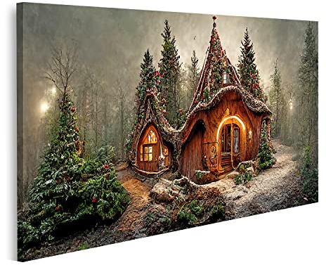 islandburner Bild auf Leinwand Das Haus vom Weihnachtsmann im Zauberwald schön geschmückte Weihnachten Deko 3 Bilder Wandbilder Poster