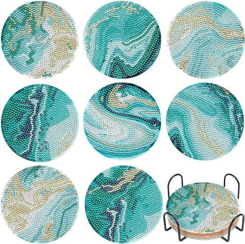 Diamond Painting Untersetzer, 8 Stück Diamond Art Untersetzer, DIY Diamant Ozean Malerei Glasuntersetzer mit Halter, Rund Getränke Tassen Untersetzer Küchen Tassenuntersetzer Tisch Ozean Deko