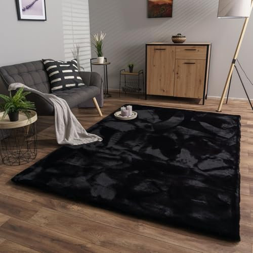 TT Home Wohnzimmer Hochflor Teppich Langflor Soft Kaninchenfell Fell Imitat Weich, Farbe: Schwarz, Größe:160x230 cm