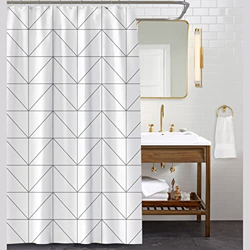 Skcess Rideau de Douche Vintage Blanc, Rideau Douche Moderne 180 x 200 Carreaux Géométriques Rideau Douche Polyester avec Crochets