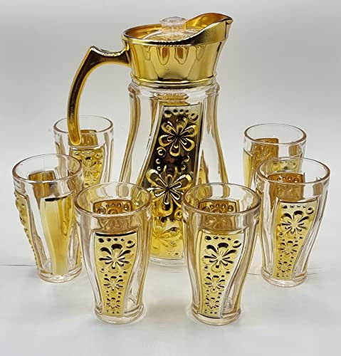 Jarra para Agua con Tapa 1.5Lts Y 6 Vasos De Agua con Relieve Cristal Resistente de Cristal con Relieve y Lindo diseño