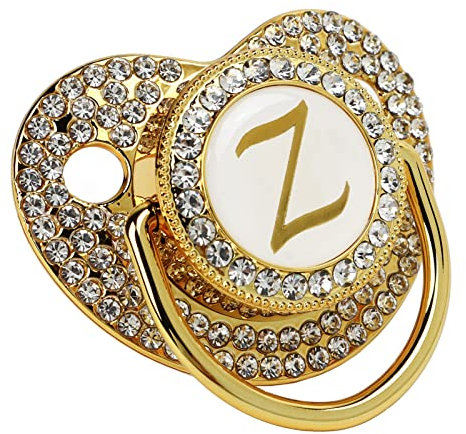 Golden Baby Schnuller Personalisierte Schnuller und Schnuller Clip Set, A-Z 26 Buchstabe Schnuller mit Staubschutz Bling Neugeborenen Schnuller Silikon Baby Nippel für 6 Bis 18 Monate (Brief