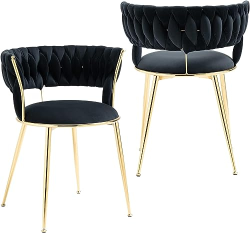 SUPPNEED Samt-Esszimmerstühle 2er Set, gepolsterter Wohnzimmerstuhl mit gewebter Rückenlehne und goldenen Metallbeinen, Beistellstuhl für Esszimmer, Wohnzimmer, Küche (Schwarz)