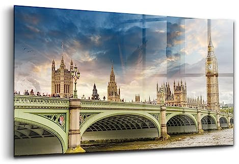 Wallfluent 100x50 cm Wanddekoration Glasbild Wohnzimmerdekoration Glas Küche - Landschaft der Londoner Architektur