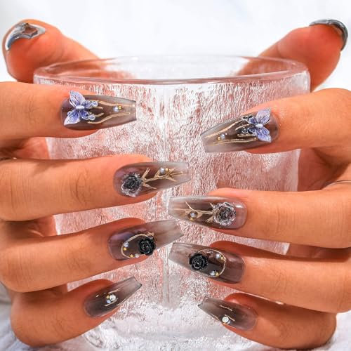 Sethexy Long Coffin False Nails Handmade Black Gradient Acrylic Press On Nails 3D Butterfly Flower Fake Nails Rhinestone Glossy Salon Quality Nail Removable for Women and Girls(R)