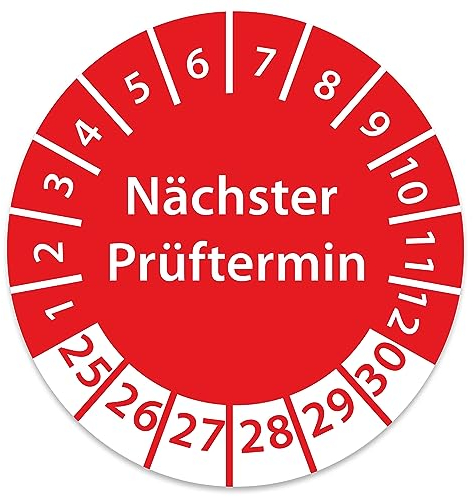 Prüfplakette DGUV V3 Nächster Prüftermin E-Check Elektro - 2025-2030 - Wasserfest/UV-Schutz - 30mm Plakette für Tritte Leitern Feuerlöscher Maschinen (100 Stk., Nächster Prüftermin - Rot)