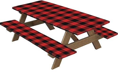 FANSU Lot de 3 Nappe Rectangulaire Élastique Bords, Imperméable Nappes de Table et Bancs, Carreaux Couverture de Table Nappe pour Table de Jardin Terrasse Camping Extérieure (76x183cm,Noir Rouge)