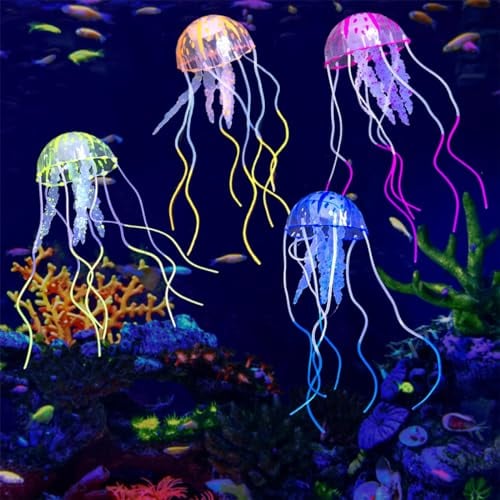 Ensemble de 4 Méduses Artificielles Lumineuses pour Aquarium, en Silicone Fluorescent - Accessoires de Décoration pour Aquariums et Aquariums d'eau de Mer.