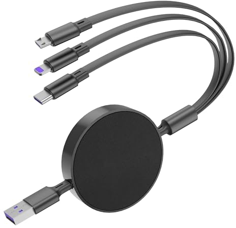 Qreninv Multi Charger Cable, (6A 4FT) Multi USB Charging Cable, 3 in 1 Retractable Fast Charging Cord with Micro USB Type C Phone Port for Phone Huawei Samsung Tablets and More, Black