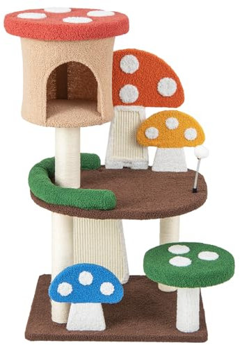 GOPLUS Árbol de Gato con Forma de Hongo, Árbol Rascador con Poste de Sisal Completamente Envuelto, Tabla para Rascar y Bola de Resorte, Torre de Escalada con Condominio y Plataforma (102 cm)