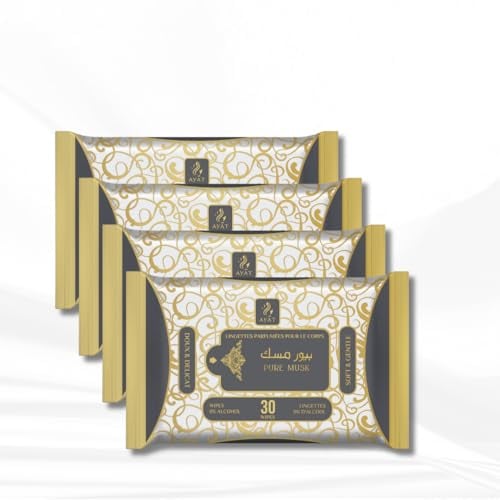 AYAT PERFUMES - Lingettes Parfumées de Dubaï : Nettoyantes, Démaquillantes, Intimes et Parfumées pour Visage et Corps | 30 lingettes - Mixte & Sans Alcool (Pure Musk, x4)
