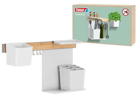 tesa Küchen-Organizer Kombi-Set M - selbstklebende Küchenleiste mit Kräutertopf, 2 Ablagen, Küchenutensilienhalter, Hakenleiste inkl. 3 Haken - Montage ohne Bohren - Bambus/Weiß
