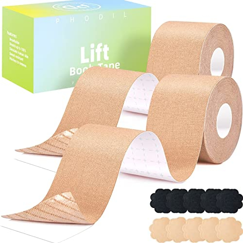 PHODIL 2er-Pack Brust Tape für Grosse Brüste,Boob Tape Push Up,Klebe BH Boobietape Wiederverwendbare Tape Brust Unter der Kleidung(Beige+Beige/3)