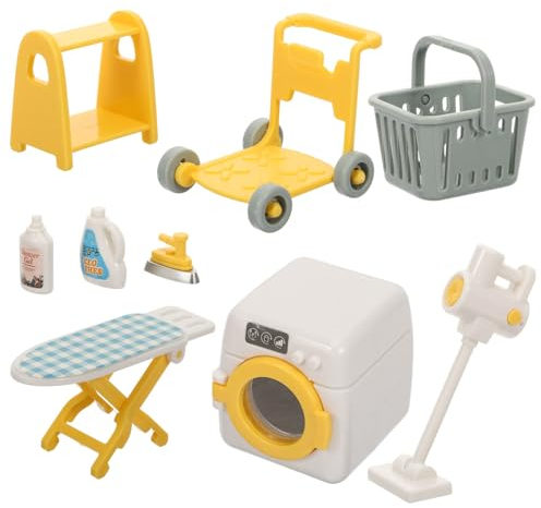 JOINPAYA Puppenhaus-Waschküchenzubehör Miniatur-Waschmaschine Wäschekorb Und Bügelbrett Pädagogisches Rollenspielspielzeug Puppenhaus-Badezimmermöbel