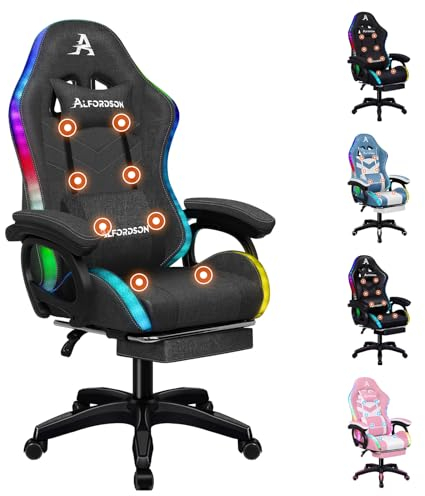 ALFORDSON Sedia Gaming, Sedia da Corsa con Illuminazione LED RGB, Poltrona per Computer Massaggiante con Poggiapiedi, Sedia Ergonomica Girevole con Schienale a Leva, Tessuto, Grigio