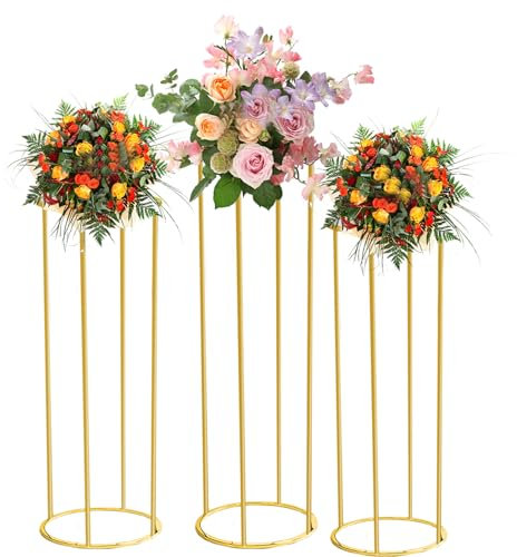 Tacsal 3pcs Round Cylinder Pedestal Stands for Parties with Acrylic Disc, 39.4/31.5/23.6 Gold Metal Plant Columns Pedestal Stands for Display, Cylinder Columns Tables for Weddings Birthday Parties