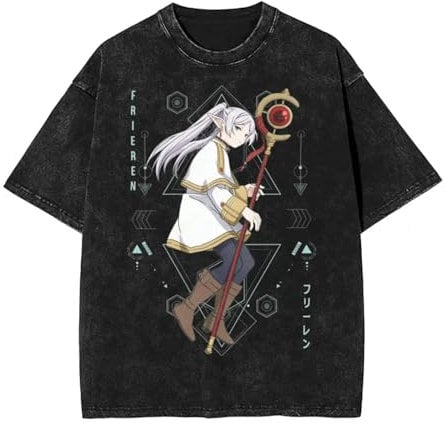 XSLGOGO Frieren: Beyond Journey's End Men Vintage Washed Loose T-Shirt Streetwear Anime Graphic Print Oversized Tshirt Summer Casual Short Sleeve Tops Tees