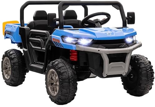 HOMCOM 2 Seater Kids Ride Age 3+ On Car with Electric Bucket, 12V Battery Powered Electric UTV with Shovel, Parental Remote, 4 Spring Suspension Wheels, Working Horn, Music - Blue