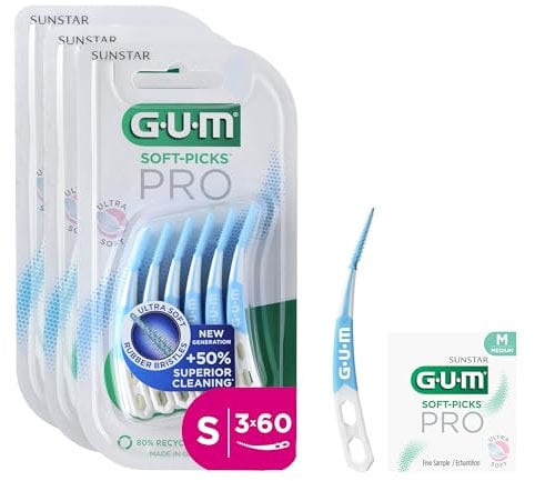 GUM Soft-Picks PRO interdental Cleaners | Curved Shape for Easy Access to Hard-to-Reach Areas | Gentle Action for Sensitive Gums | [S - 3x60] (+1 Bonus Sample)