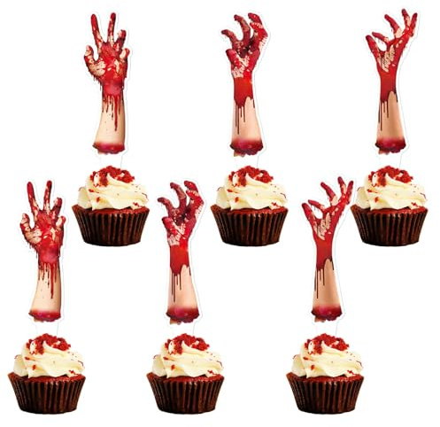Blumomon 30Pcs Bloody Hand Cupcake Toppers - Double Sided Halloween Horror Birthday Party Cake Decorations